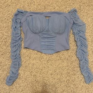 Privy Light Blue Ruched Off-Shoulder Crop Top